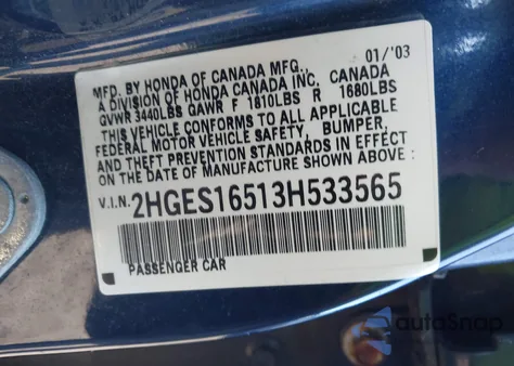 2003 Honda Civic Lx z USA, uszkodzony, nr VIN 2HGES16513H533565